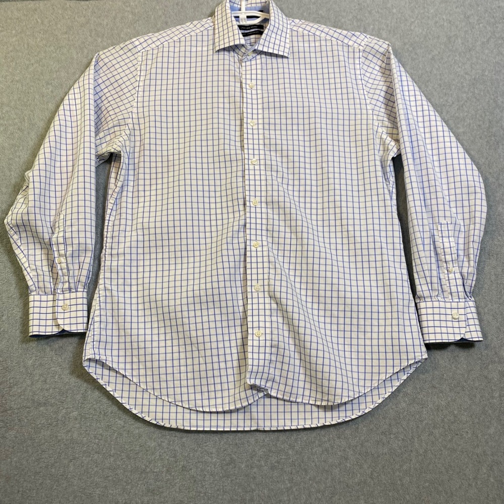 Saks Fifth Avenue Shirt Mens 17 34/35 Blue White Check Slim Fit Dress Shirt Flaw